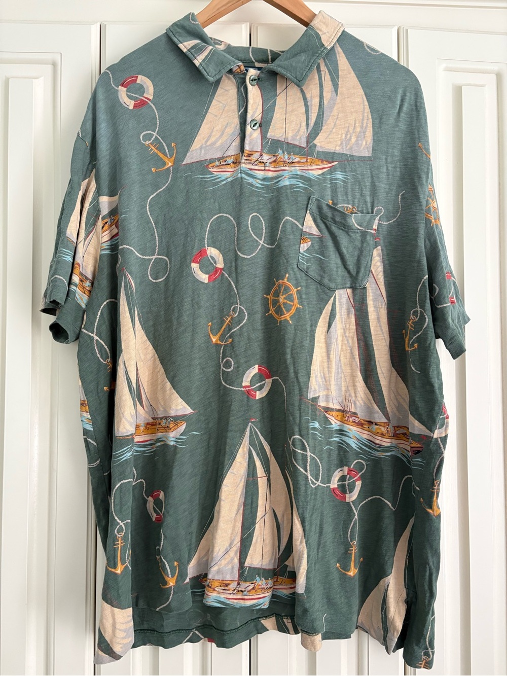 Rare Polo Ralph Lauren Vintage Casual Sailboat Print Half Button Up Polo XXL